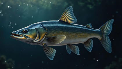 Realistic zander fish swims underwater. Dark aquatic scene with bubbles and faint plant life. Detailed scales and fins, predator fish illustration for sport fishing or menu design.