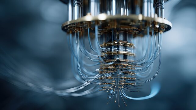 High detail quantum computing system with superconducting processor and cryogenic cooling, advanced scientific hardware representing quantum physics research, data processing and future technology