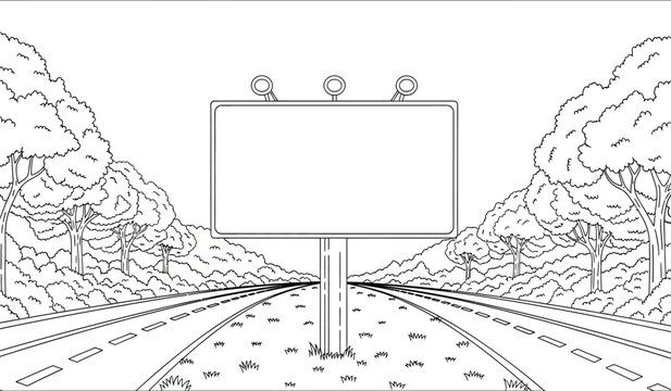 A blank billboard sign on a railroad track surrounded by trees and foliage on both sides