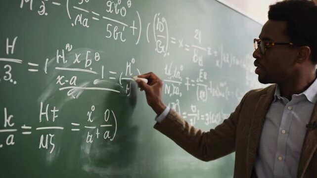 Teacher explains math concepts in classroom while students listen and take notes during the lecture