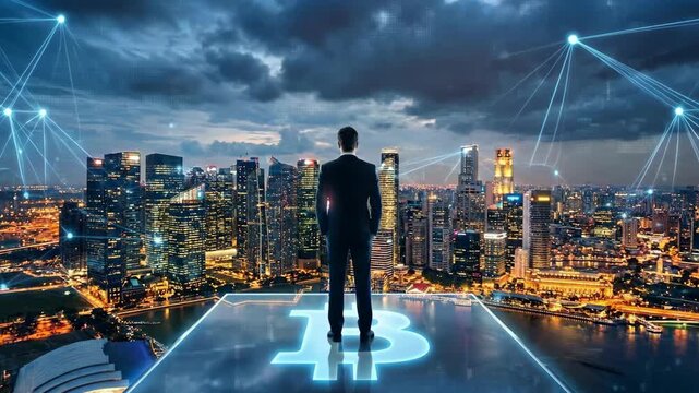 Man in suit on a platform with Bitcoin logo overlooking a futuristic city at night with network connections, Businessman contemplating financial future with cryptocurrency