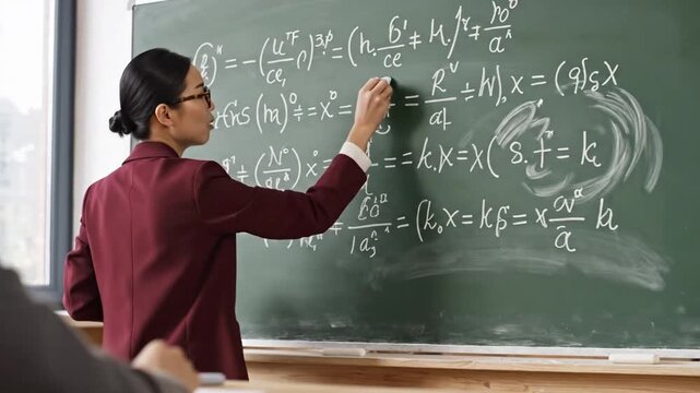 Teacher explains complex math problems on chalkboard in classroom setting during school hours