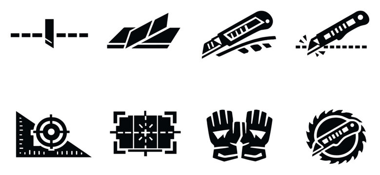 Cutting techniques and applications in bold style: straight cut line, angled cut, trimming icon, scoring line, precision guide, workspace alignment, protective. Vector icons