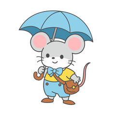 vector illustration cute character mouse with umbrella, naive flat style, children's illustration