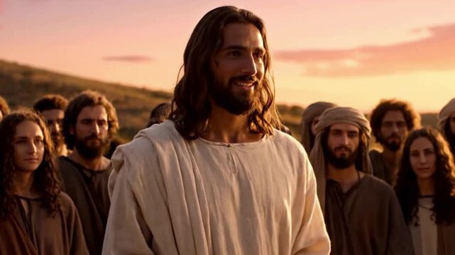 A portrait of a religious jesus christus depicted with long hair and a beard, standing among a crowd of people and talking to them.