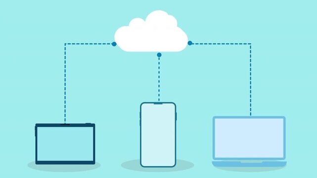 Flat vector illustration of a cloud with blue upload flow lines connecting tablet, smartphone, and laptop, representing cloud data upload and cross device synchronization on a light blue background.
