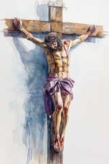 painting of crucifixion, Watercolor painting of Jesus in the cross. Jesus dies on the Cross. The Crucifixion and Death of Jesus.	
