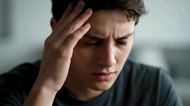 A young man in emotional distress, he is exhibiting signs of stress. he is experiencing a difficult moment.