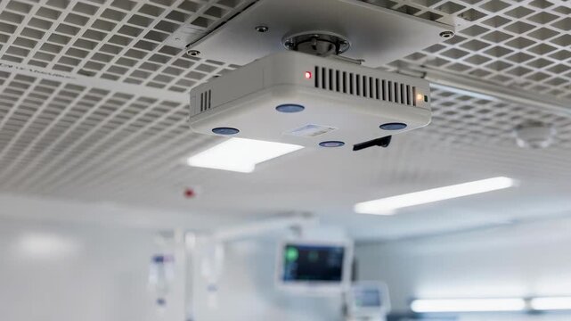 Closeup of temperature and humidity sensors integrated into a ceiling grid of an ICU cluster with the device in crisp focus and the patient area softly blurred.