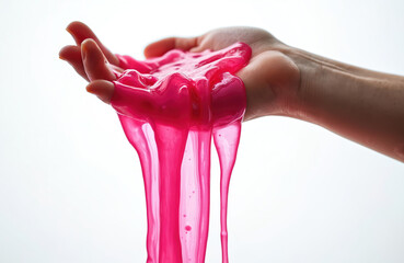 Pink slime oozes over a person open hands. The stretchy goo drips down fingers and palm. Child toy substance feels sticky and wet against skin.