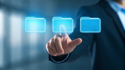Digital organization a hand reaching towards a floating interface with glowing folders technology clean design interactive view