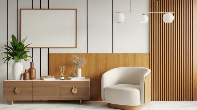 Modern living room interior with white chair and wooden sideboard with plants and picture frame on wall