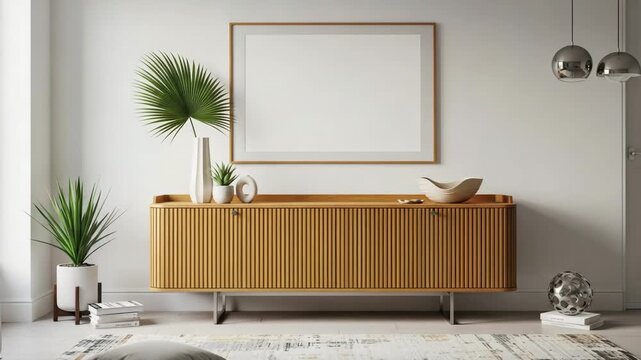 Interior design of modern room with wooden cabinet and plants and picture frame on white wall