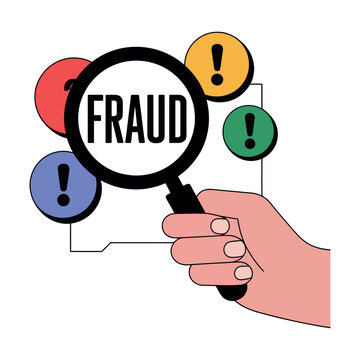 A hand holding a magnifying glass with the word FRAUD and warning signs indicating investigation and alertness.