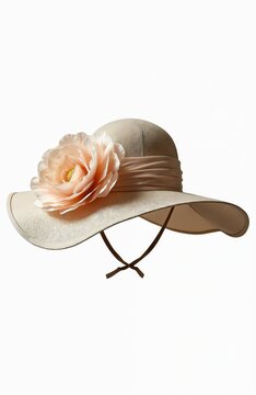 Beige organza wide brim hat with large fabric flower and chin strap. Elegant headwear accessory isolated on white background. Perfect for formal events, races, or parties.