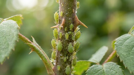 Obraz premium Green aphids on rose stem in natural outdoor environment 