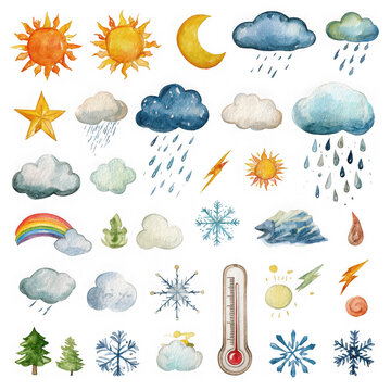 Various weather icons isolated on transparent background