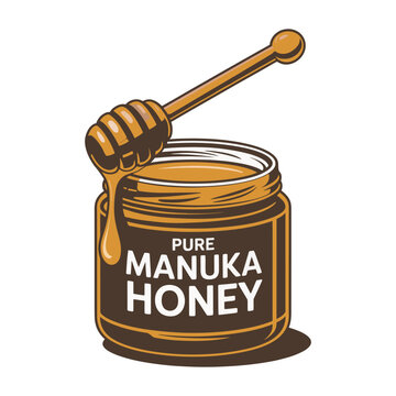 A jar of pure Manuka honey with a honey dipper on top, set against a clean white background.