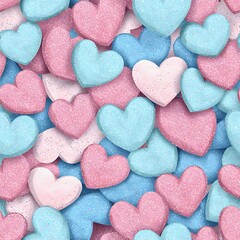 Obraz premium A vibrant display of multiple colorful heart-shaped candies creating a visually delightful and sweet pattern. These treats evoke feelings of love and affection.