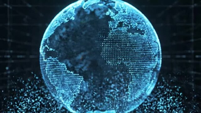 Digital globe shows data streams and connections over Africa and Europe at night