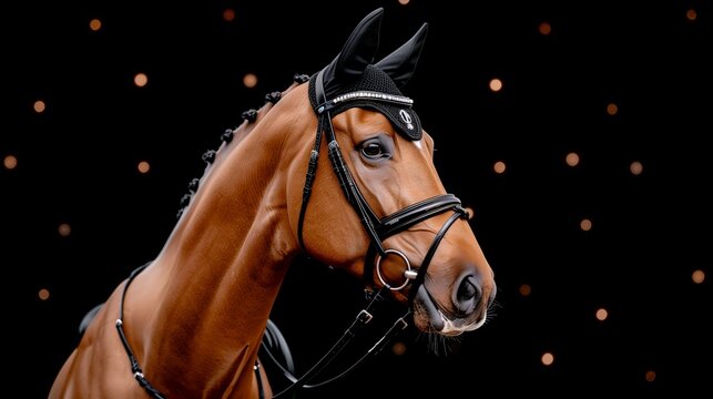 Horse stands in spotlight ready for competition in equestrian event