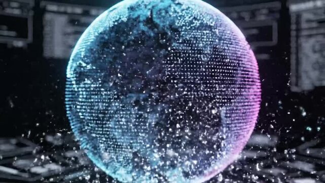 Digital globe shows data in colorful display at a tech event in a city