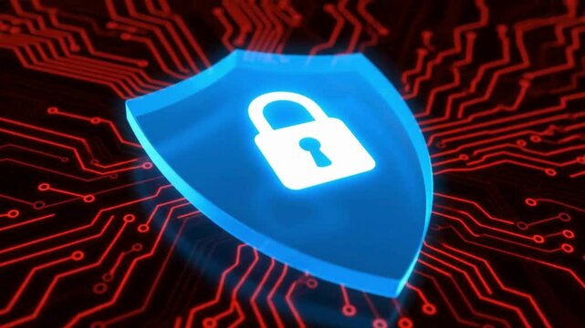 A digitally rendered depiction of a cyber security shield with a padlock. Illustrating online safety and data protection in a technological context.