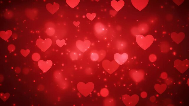 A bunch of red hearts on a dark red background with a bokeh effect and a shiny appearance