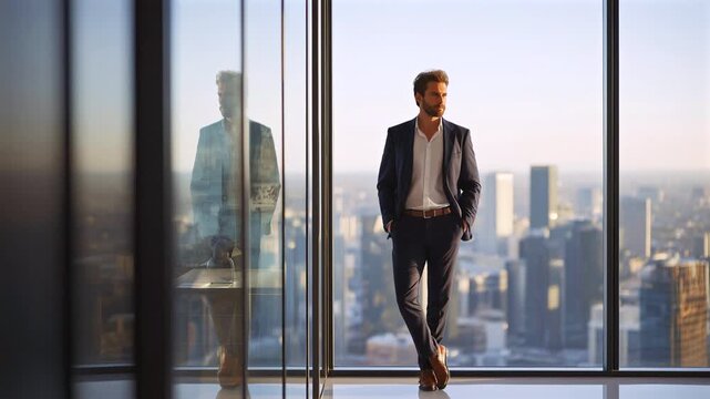 Confident professional man in a suit standing by floor-to-ceiling windows in a high-rise office. Cinematic view of a modern city skyline at daytime for corporate and leadership concepts