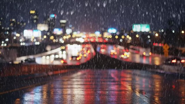 Rain falls on a busy highway at night with city lights in the background and vehicles moving slowly through the rain