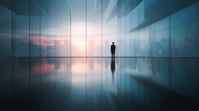 Lone corporate professional silhouette looking at city skyline through large windows during sunrise. Minimalist high-end office interior with reflections and morning light