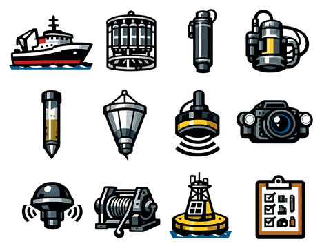 Oceanographic Research Equipment in bold style: research vessel, CTD rosette sampler, Niskin bottle, water sampling pump, sediment core tube, plankton net. Vector icons