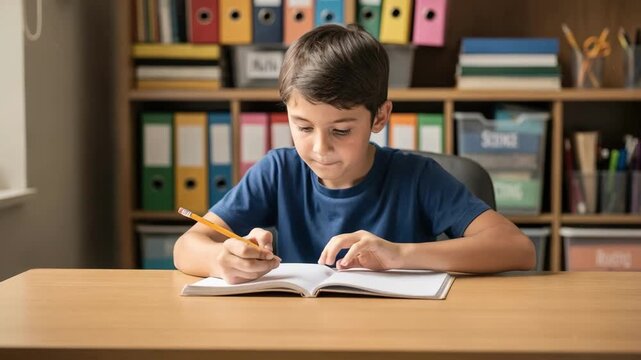 Focused medium shot of a student writing in a cubby study nook with shelves and supplies softly out of focus in the background for a calm afterschool environment.