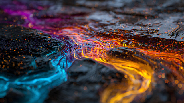 Digital Alchemy: Molten Energy Streams with Faint Hexadecimal Data Over Dark Circuits