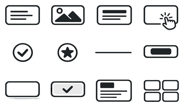 UI Cards Essentials in outline style: content card, image thumbnail, title text line, description text block, action button, icon badge, divider line, hover. Vector icons