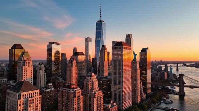 View of New York City skyline at sunset with buildings and bridges near the river during early evening