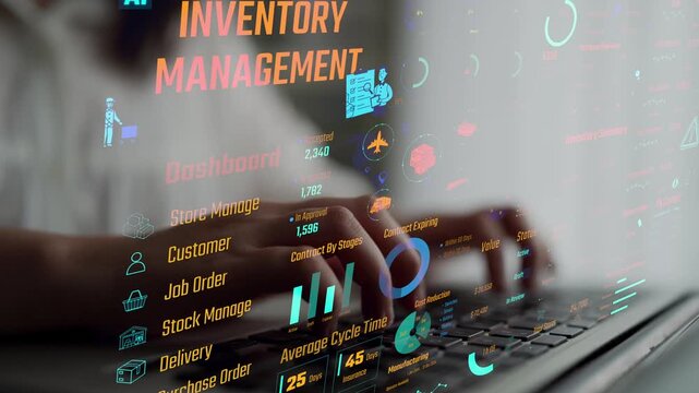 Inventory management dashboard showing supply chain performance, stock levels, order cycle times, cost reduction, and procurement ROI. Inventory tracking, and streamline warehouse efficiency. Thunk
