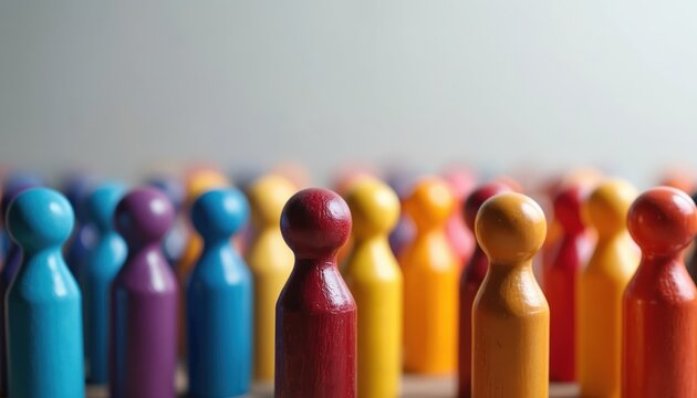 Diverse group of wooden pawns in varied colors stand together closely. Figures represent people, community, unity, teamwork and social inclusion concepts.