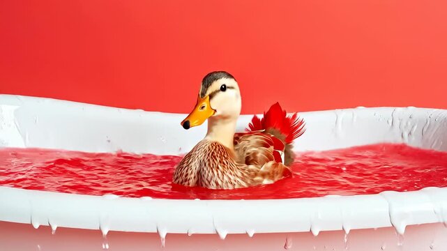 Duck in a bathtub splashing water, red background, fun concept.