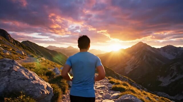 Runner enjoys sunset along mountain trail in the evening