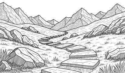 Fototapeta premium A serene landscape of a house and mountain range in a rural setting with a winding road and grassy hills