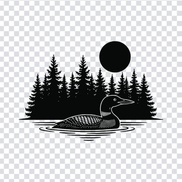 Vector illustration black silhouette of a loon swimming in water with trees and moon