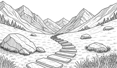 Fototapeta premium Black and white illustration of a winding stone pathway through a mountainous landscape with rocks and trees