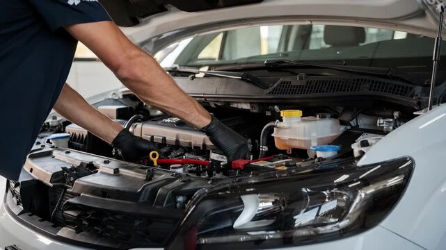 Mechanic checking vehicle fluids under opened hood of an ambulance sharp focus on engine components with soft daylight and fluorescent light creating contrast.