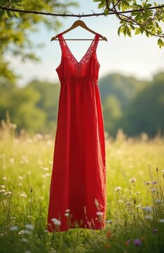 Long red dress hangs on wooden hanger from tree branch in sunny meadow. Lace trim accents the sleeveless bodice. Soft focus background of green grass wildflowers.
