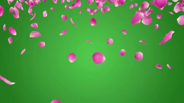 A cascade of delicate pink rose petals gracefully descend against a vibrant green backdrop, evokes feelings of elegance, beauty, and renewal.