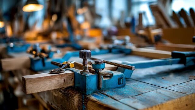 Closeup on metal clamps securing wooden armatures on a workbench with the rest of the workshop softly out of focus for an artistic effect.