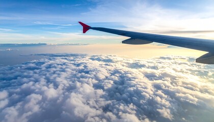 Obraz premium View from an Airplane Window of a Wing Soaring Above a Sea of Fluffy White Clouds