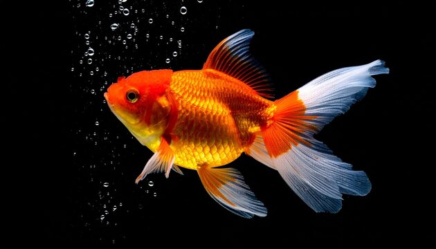 Majestic Oranda Goldfish with Flowing White Fins Swimming Against a Solid Black Background