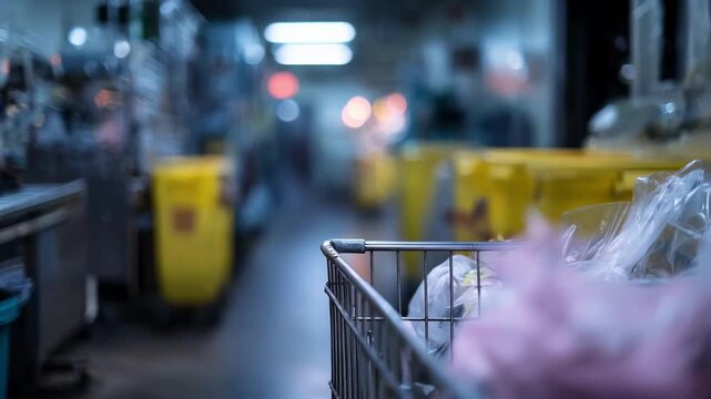 Blurred background highlights labeled hampers in a soiled utility room with the main focus on a cart used for safe contaminated materials handling.